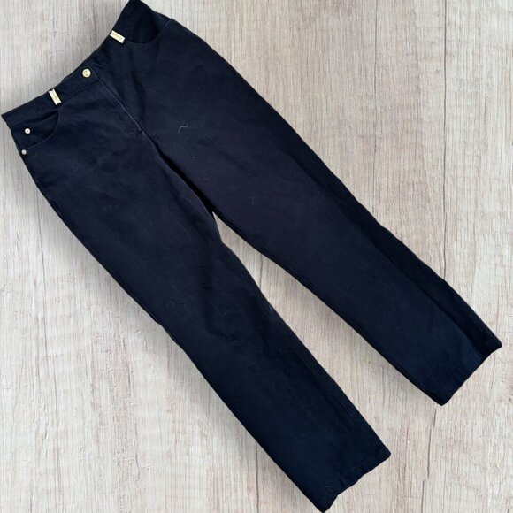 ST JOHN SPORT Marie Gray Black Cotton Blend Stretch Pants Gold Tone Trim 12 - Picture 1 of 5